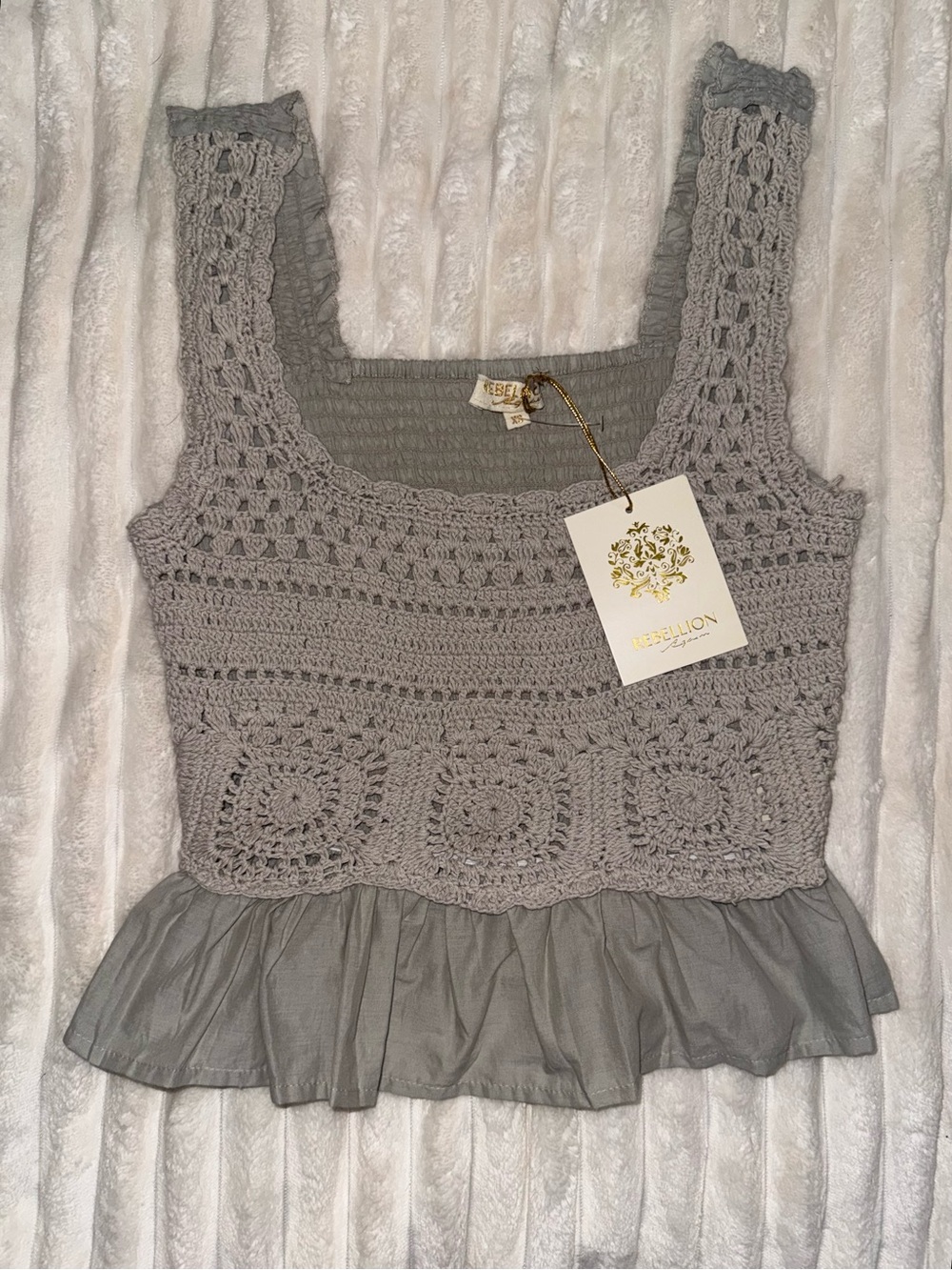 Rebellion Gray Crochet Tank with Ruffle Hem - Picture 2 of 4